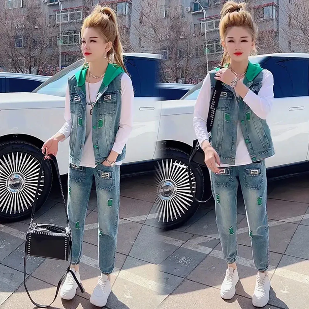 2023 Oversize Hooded Denim Vest Jacket+High Waist Loose Jeans +White TShirt Women Pants 3 Piece Outfits Women Denim Trouser Suit