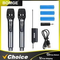Micrófono de mano inalámbrico BOMGE, sistema de micrófono dinámico inalámbrico doble con receptor recargable de 1800MAh para Karaoke