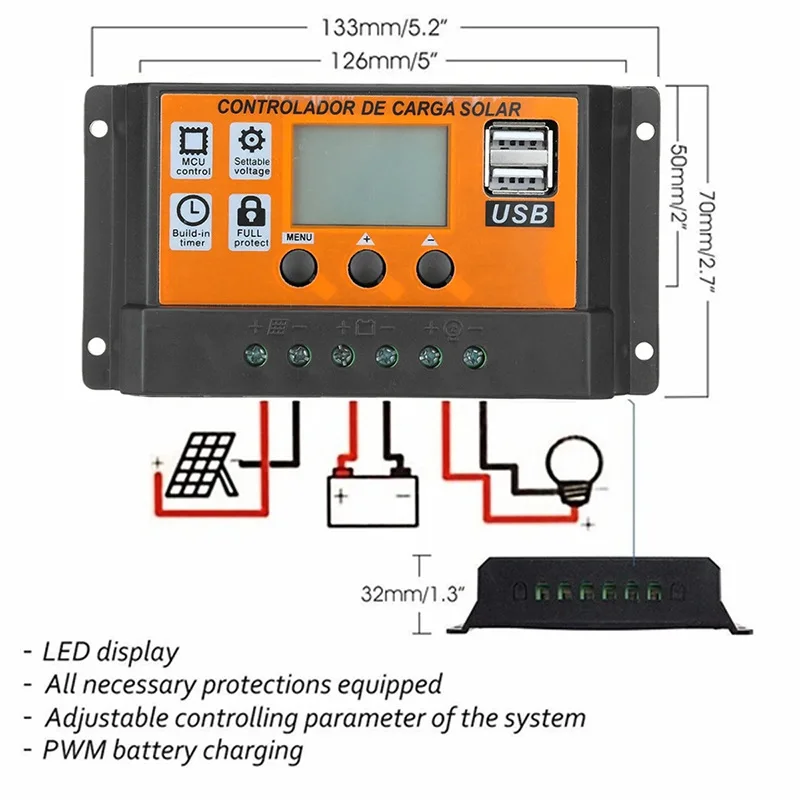 Solar Controller 0-100A 12V/24V Dual USB LCD Solar Panel Charging Orange Controller