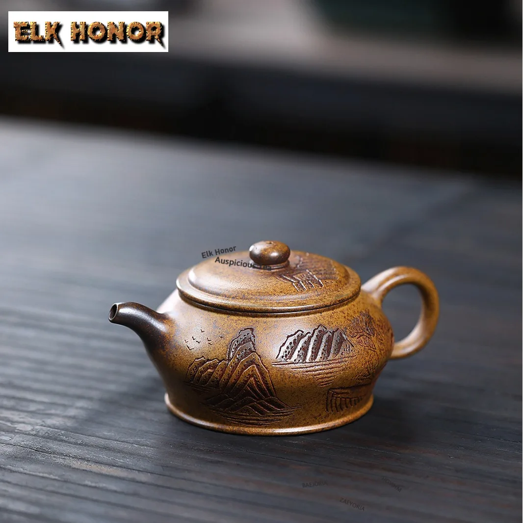 250ml Yixing Purple Clay Teapots Famous Artists Handmade Landscape Pot Raw Ore Wood-fired Mud Kettle Zisha Tea Set Ornaments