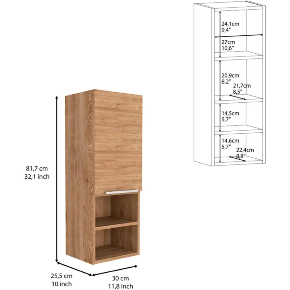 خزانة طبية من خشب البلوط الخفيف مثبتة على الحائط مع باب واحد، وأرفف داخلية، وتخزين مفتوح، وتنظيم الحمام وغرفة النوم #2