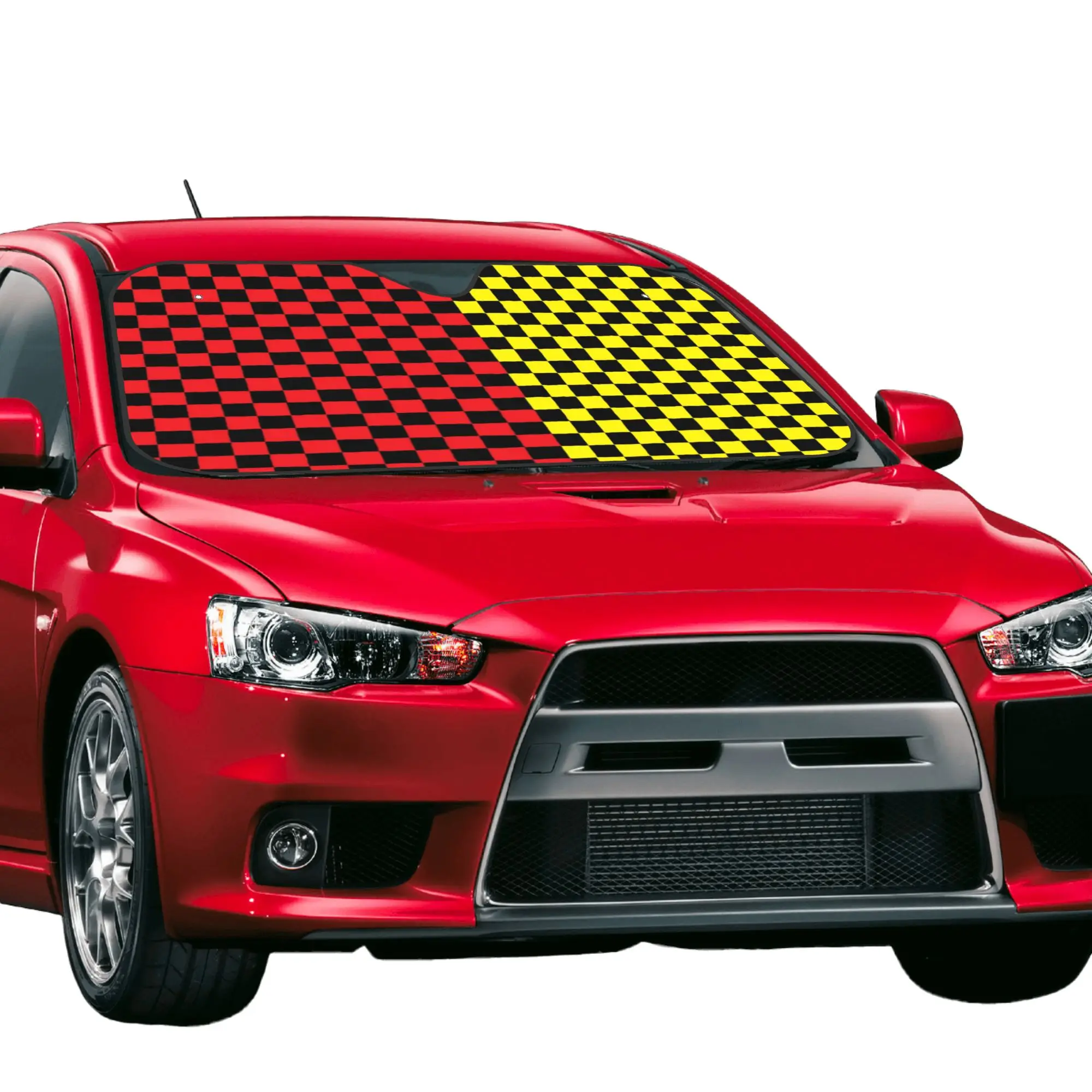Windshield Sun Shade Car Checkerboard Red Yellow Black Checkered Solar Reflector Protector Visor Screen Cover Vehicle Windscreen