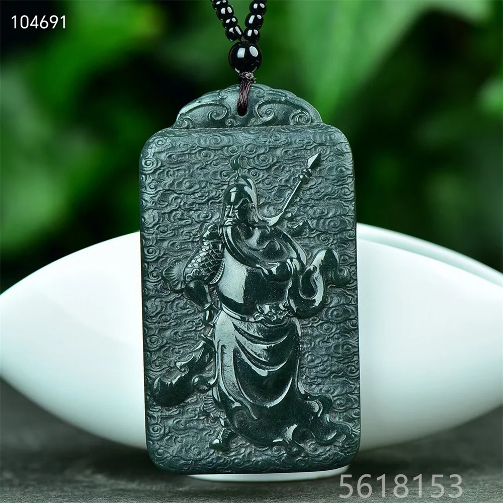 Double sided Hetian Green Jade Guan Gong Safe and Successful Square Pendant and Necklace