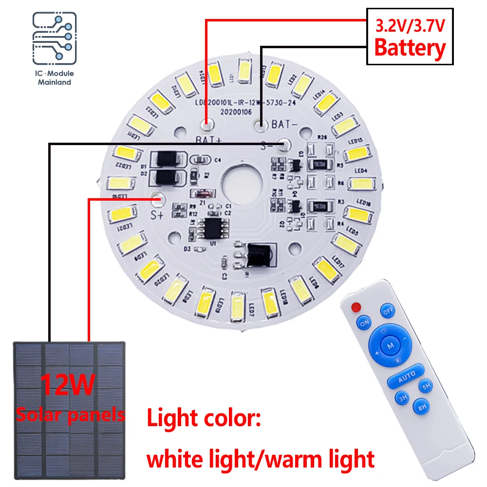 Solar Light Ceiling Light Replacement Led Module 3.2V 3.7V Led Panel Light Board Dimmable With Remote Control 12W Ceiling Lamps