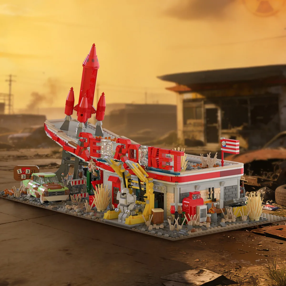 

2447PCS Red Rocket Restaurant Building Blocks Post-Apocalyptic Wasteland Scene Architectural Model Toy With Light Gift For Adult