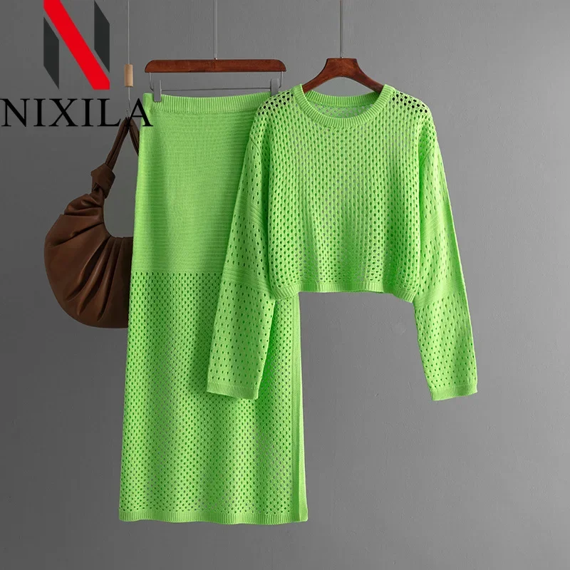 Primavera Autunno Maglia Hollow Pullover Abito alla moda Set da due pezzi Abiti da donna Elegante ufficio Top a maniche lunghe Set di gonne