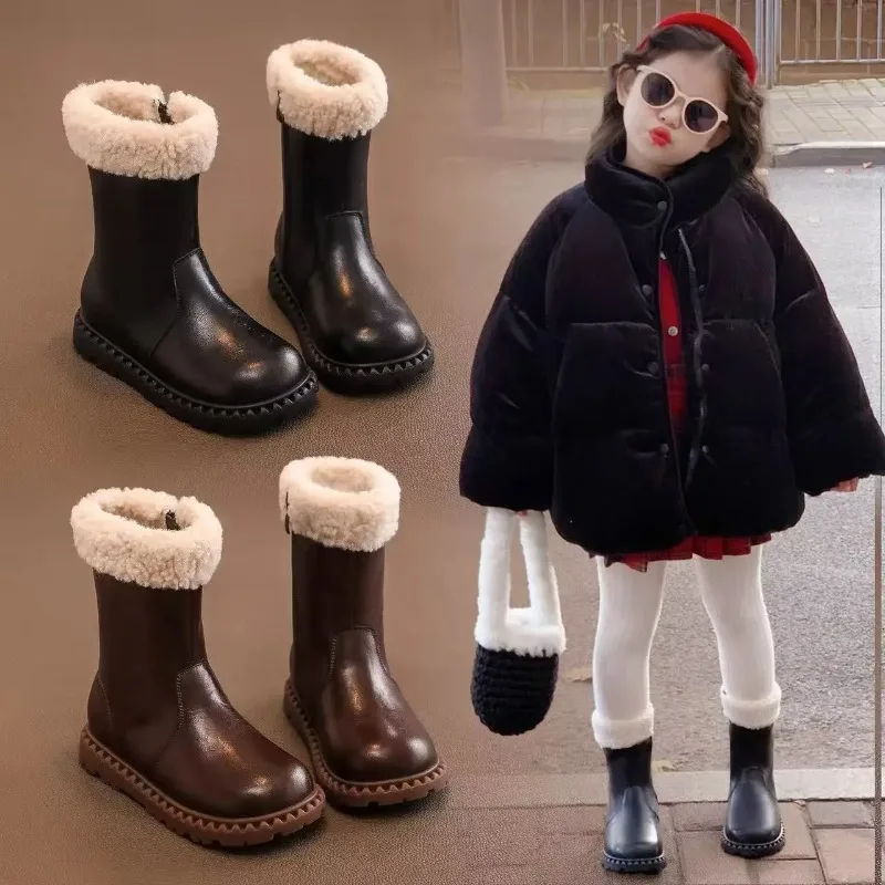 Girls' Wool Boots 2026 Winter Children's Breathable Lining Boots Anti Slip Side Zipper Fashionable Retro Snow Shoes Girls' Boots