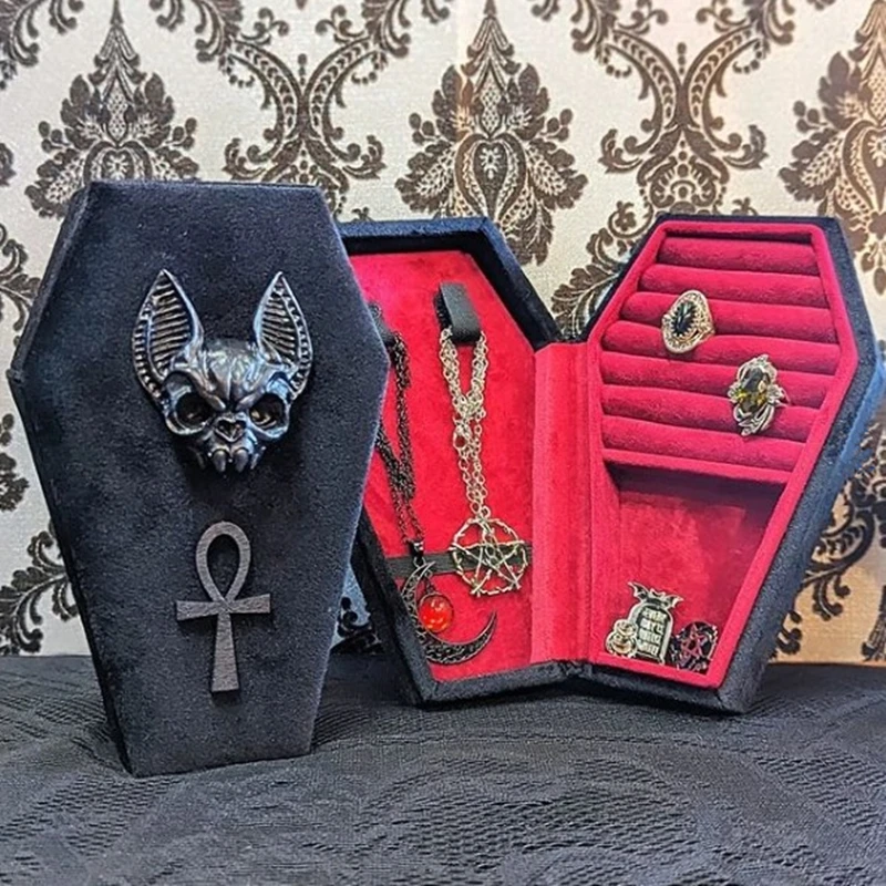 Boîte à bijoux en forme de cercueil de chauve-souris vampire, velours gothique, boîte de rangement pour matiques et colliers, étui d'emballage d'affichage