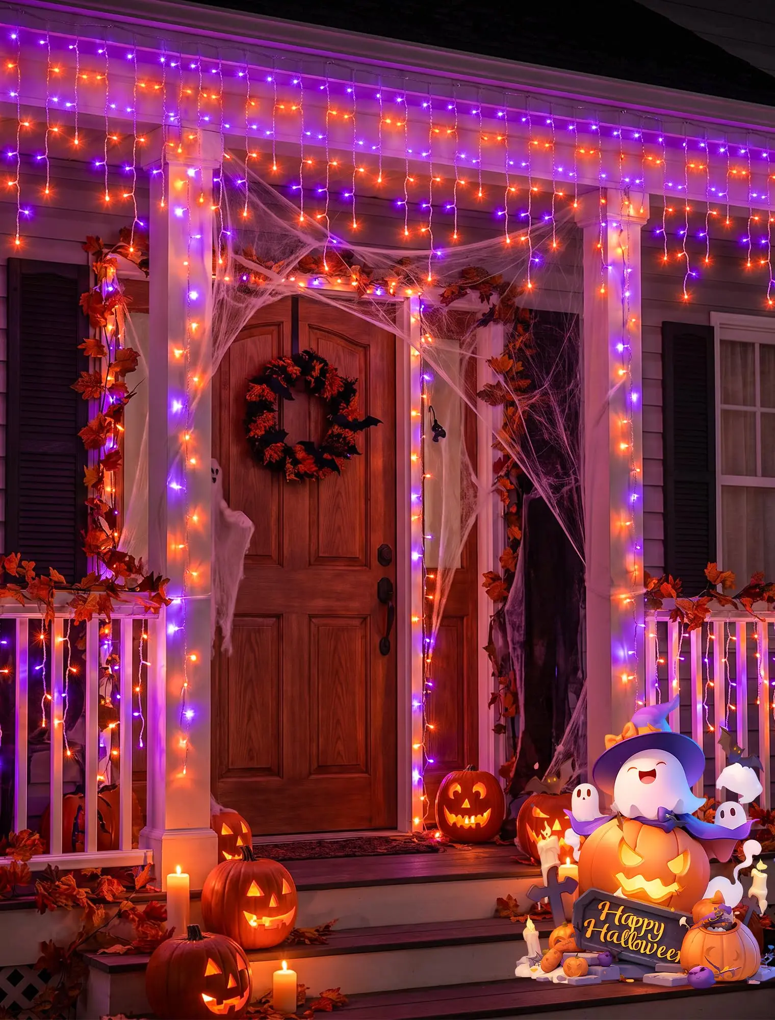 Halloween Icicle Lights Outdoor,300 LED Purple and Orange Lights 32FT,Connectable,8 Modes With Memory,Hang Curtain String Lights For Window,Fence,Trees,Party,Patio And Xmas Holiday Decor