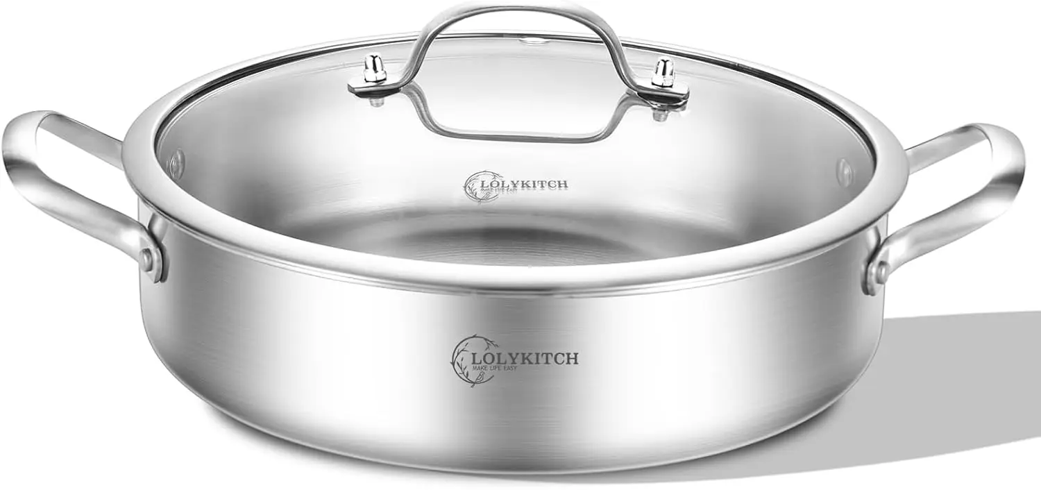 

7 Quarts Tri-Ply Stainless Steel Sauté Pan with Lid,12 Inch Deep Frying Pan,Large Skillet,Jumbo Cooker,Induction Pot,Dishwasher