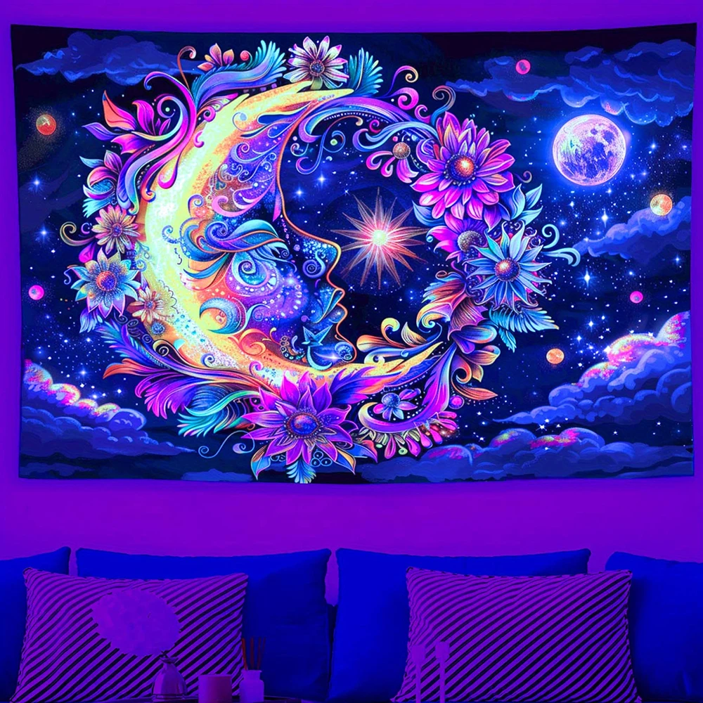 1pc  Glowing Moon Flower Starry Sky UV Reactive Tapestry, Bohemian Neon Wall Hanging for Bedroom Living Room Dorm Decor