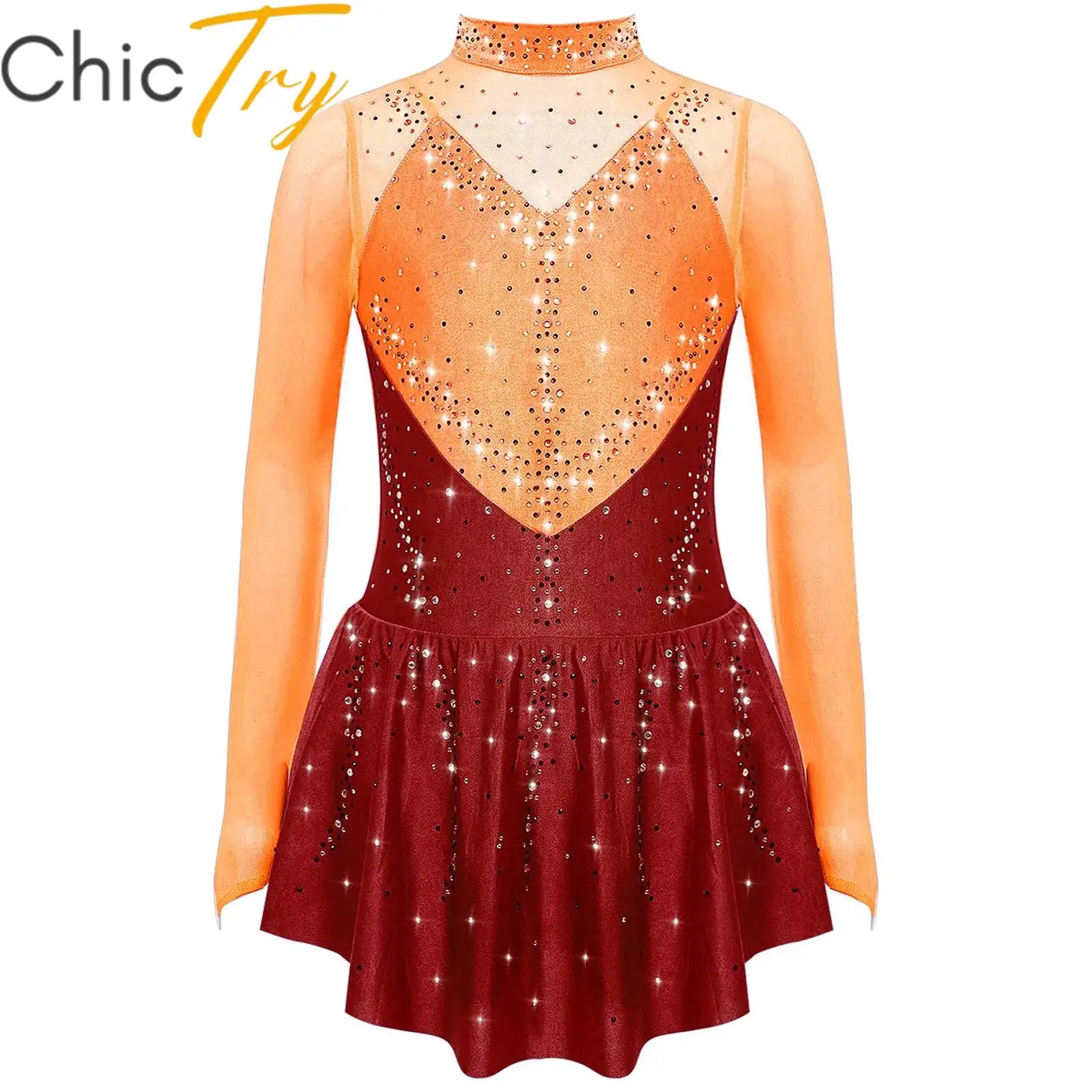 

Kids Girls Figure Skating Dance Dress Ballet Gymnastics Leotard Dancewear Long Sleeve Color Block Sheer Mesh Rhinestones Dress