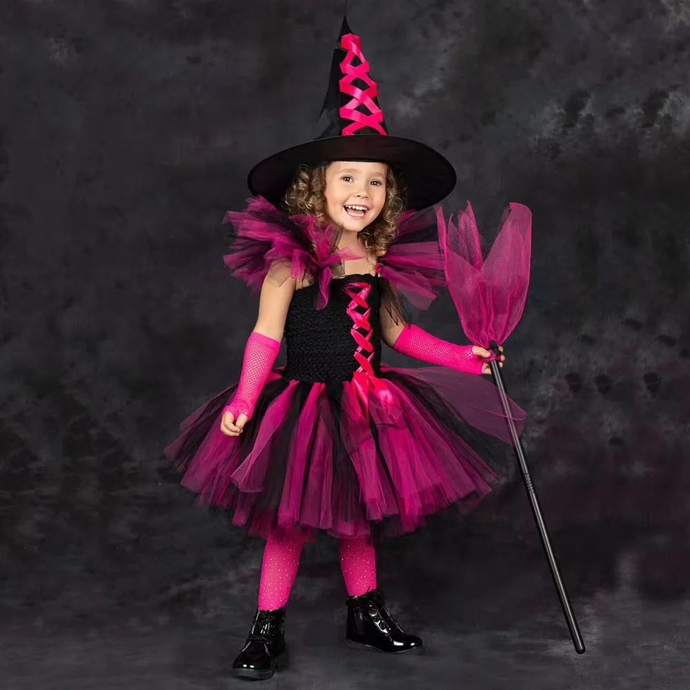 Purple Kids Girls Halloween Fairy Party Dresses with Hat Black Witch Toddler Baby Girls Birthday Cosplay Costumes Children Dress