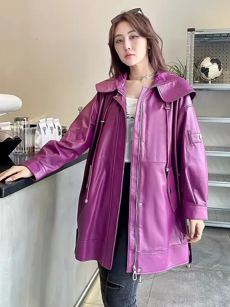 Abrigo Cargo de piel auténtica para mujer, chaqueta media larga con capucha, holgada, estilo Hip Hop, rompevientos informal de piel de oveja, primavera y otoño, novedad