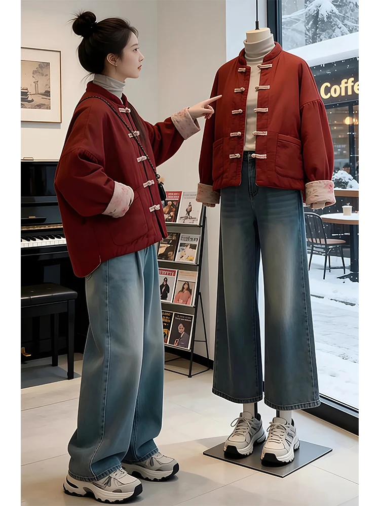 

Новое китайское свободное хлопковое пальто с красными пуговицами, модное пальто для маленьких женщин, теплая зимняя верхняя одежда