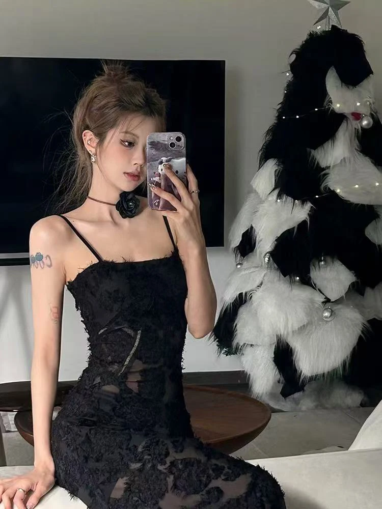 Czarna koronkowa sukienka na ramiączkach Y2K dla kobiet, letnia moda, sukienka codzienna na cienkich ramiączkach, seksowna sukienka bez pleców, prześwitująca długa sukienka Vestidos Mujer