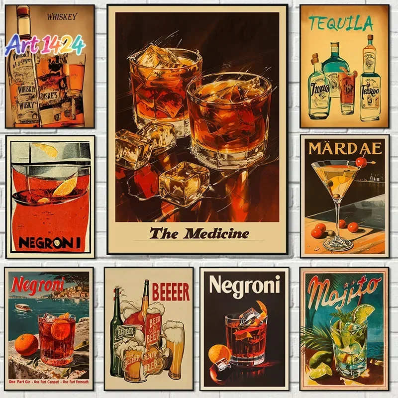 Vintage Wine Advertising Style Whiskey Illustration Bartending Poster Canvas Paintings Wall Art Pictures Bar Club Home Decor