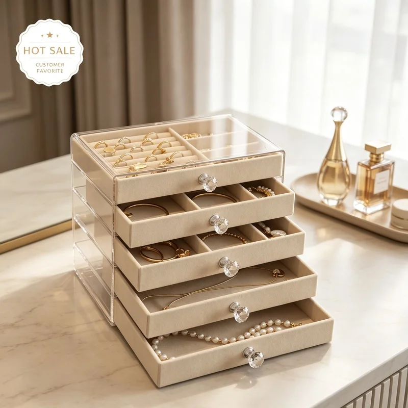 Transparent Acrylic Velvet Lined Jewelry Box Drawer Organizer for Earrings Rings Necklaces Bracelets
