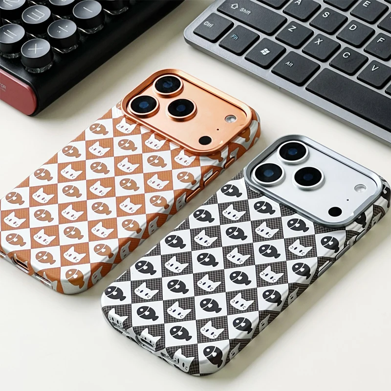 

Магнитный чехол для телефона с милым мультяшным котом и рыбой для iPhone 17 17Pro Max 16 Pro 15, линза из сплава, беспроводная зарядка, жесткий чехол для ПК