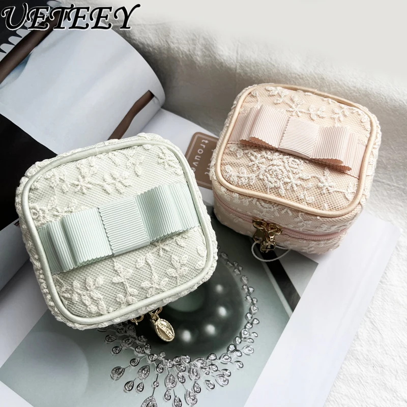 Versatile Sweet Lace Jacquard Exquisite Square Jewelry Bag Cute Girl Zipper Portable Travel Cosmetic Storage Bags Makeup Box