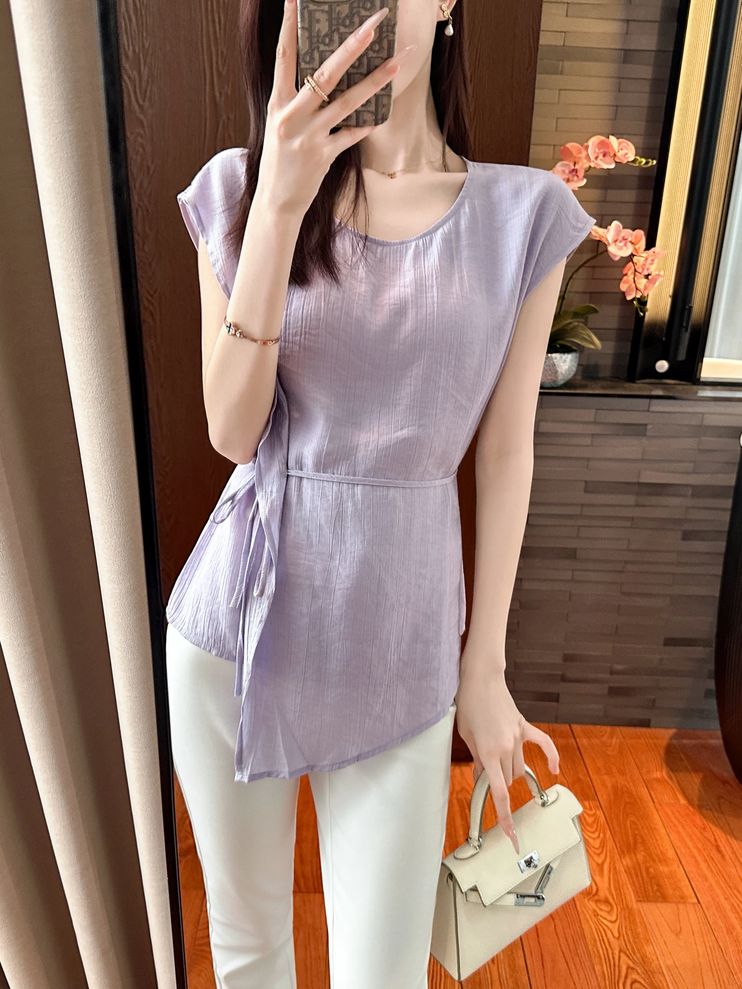 

You See Orange See Loose Purple Tone Belted Waist Crt High Densi Texture Elegance Top Women's Casual Sle Loose Fit irt
