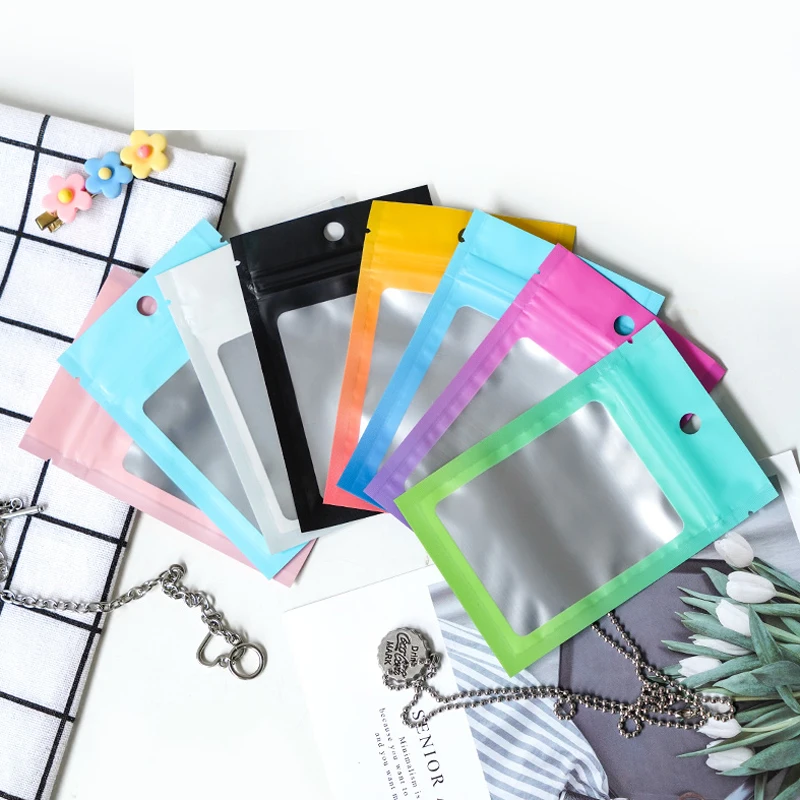 100 Pcs Flat Gradient Color Aluminum Foil Front Clear Candy Jewelry Coffee Tea Resealable Zip Lock Bag Storage Packaging Pouches