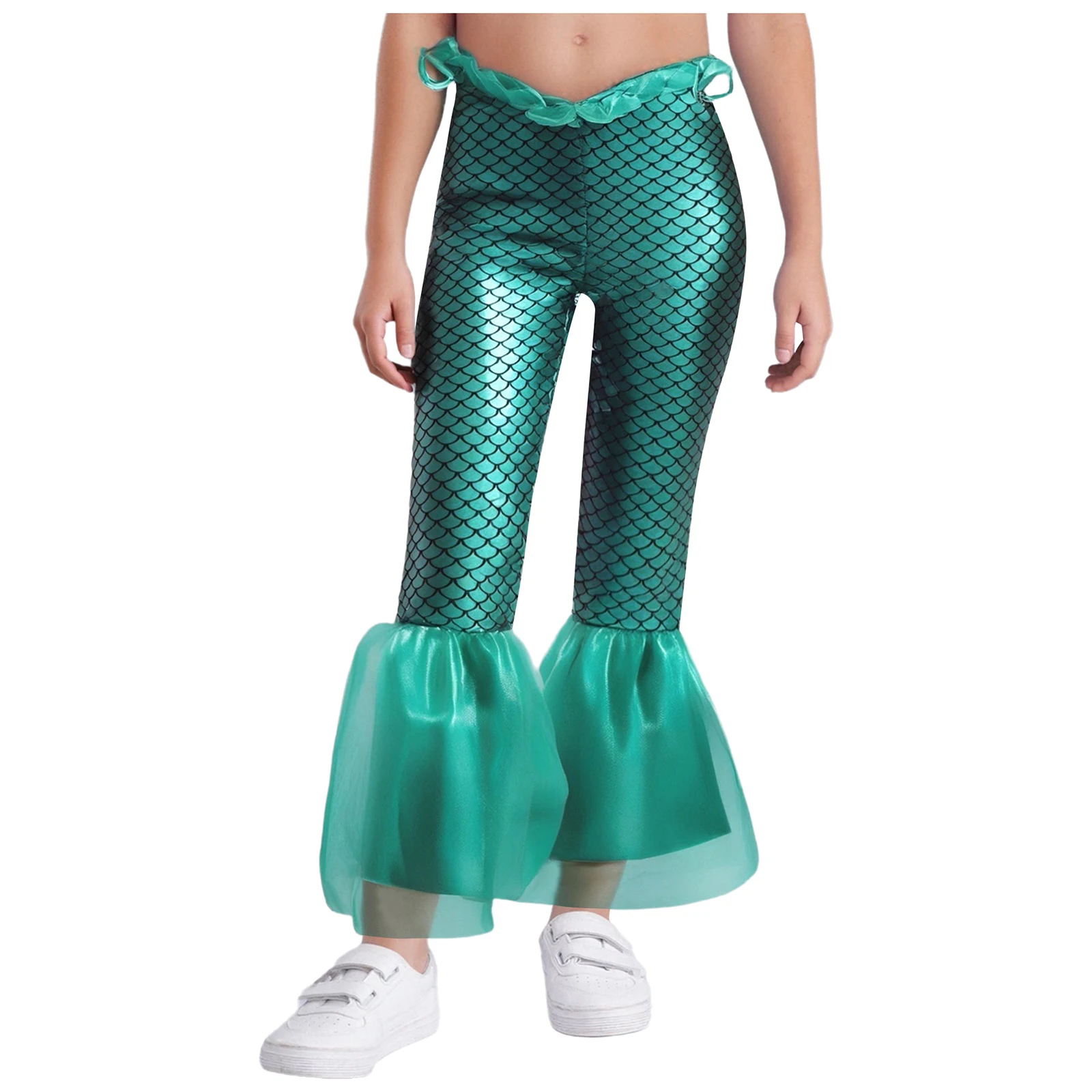 Kids Girls Halloween Mermaid Princess Sea Queen Cosplay Costume Shiny Fish Scales Print Ruffle Mesh Flared Pants for Theme Party - view 2