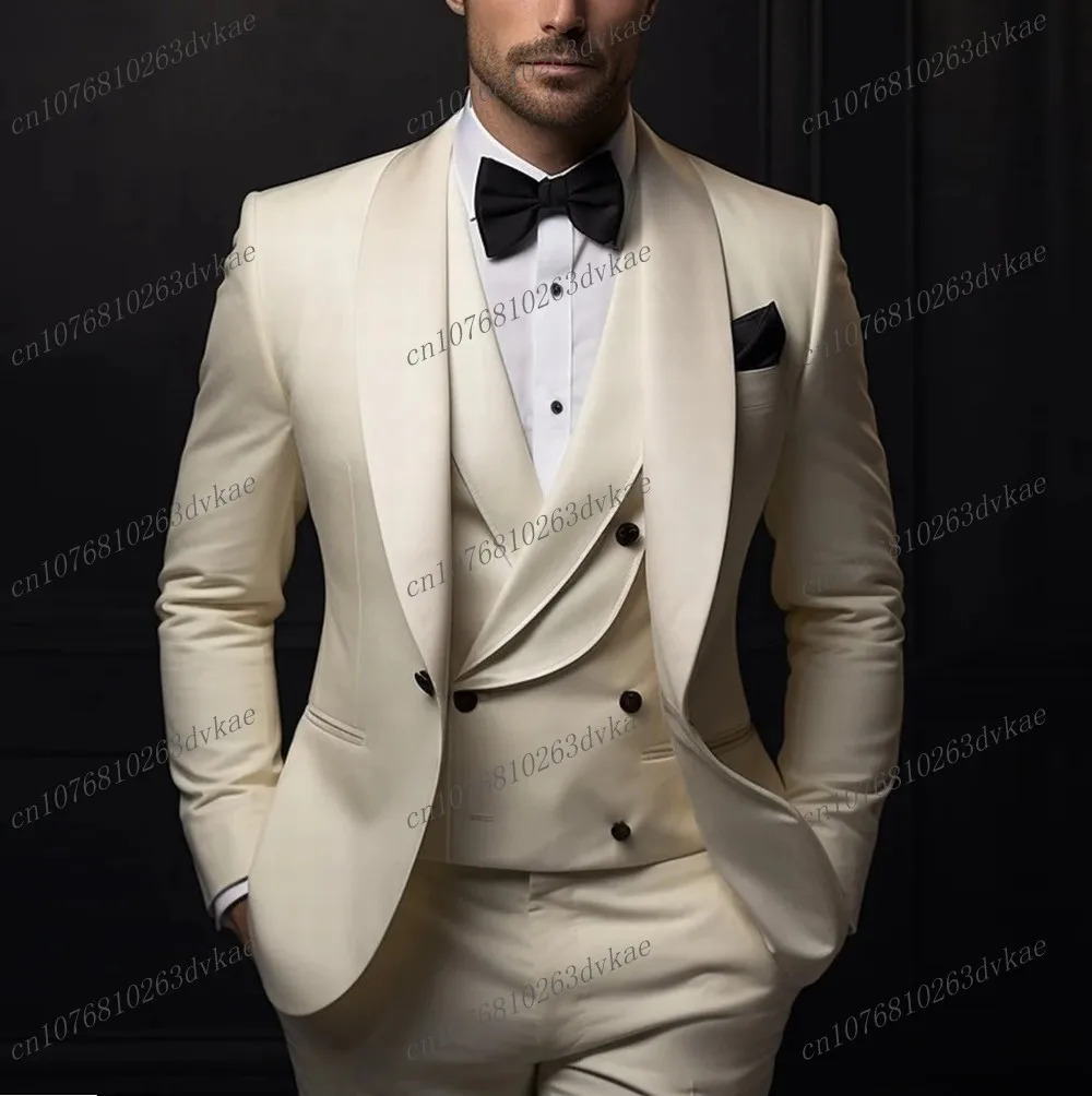 

New Formal Occasion Ivory Business Men Suit Groom Groomsman Wedding Party Prom Male Tuxedos 3 Piece Set Blazer Vest Pants