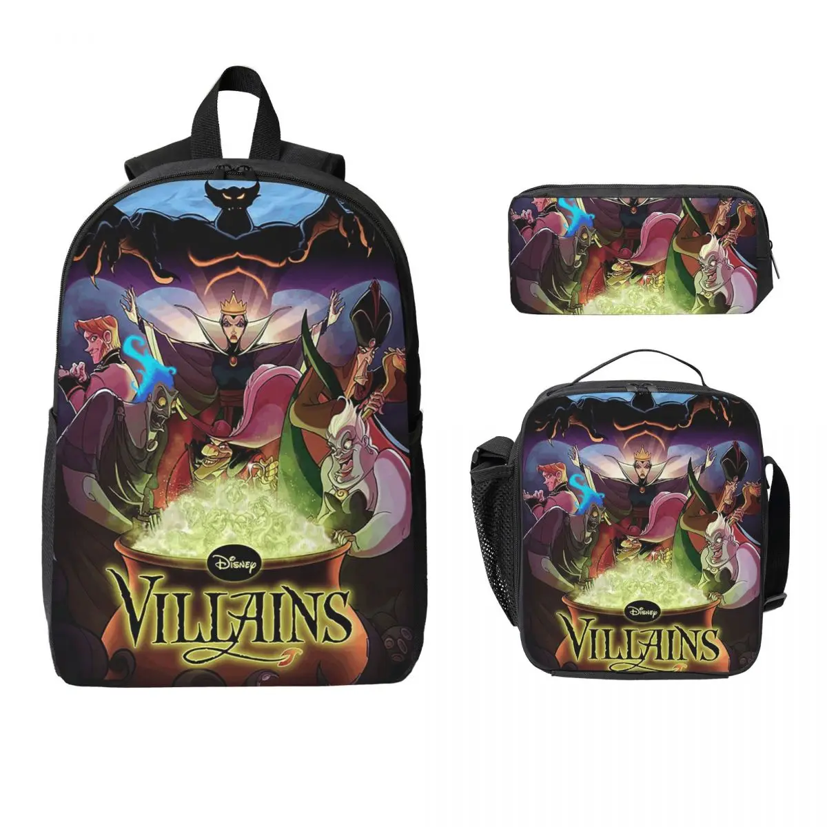 

Рюкзак Disney Villains Challenge, студенческая сумка для книг для мальчиков и девочек, школьная сумка, сумки на плечо для ноутбука, изолированная сумка для обеда 3 шт., пенал