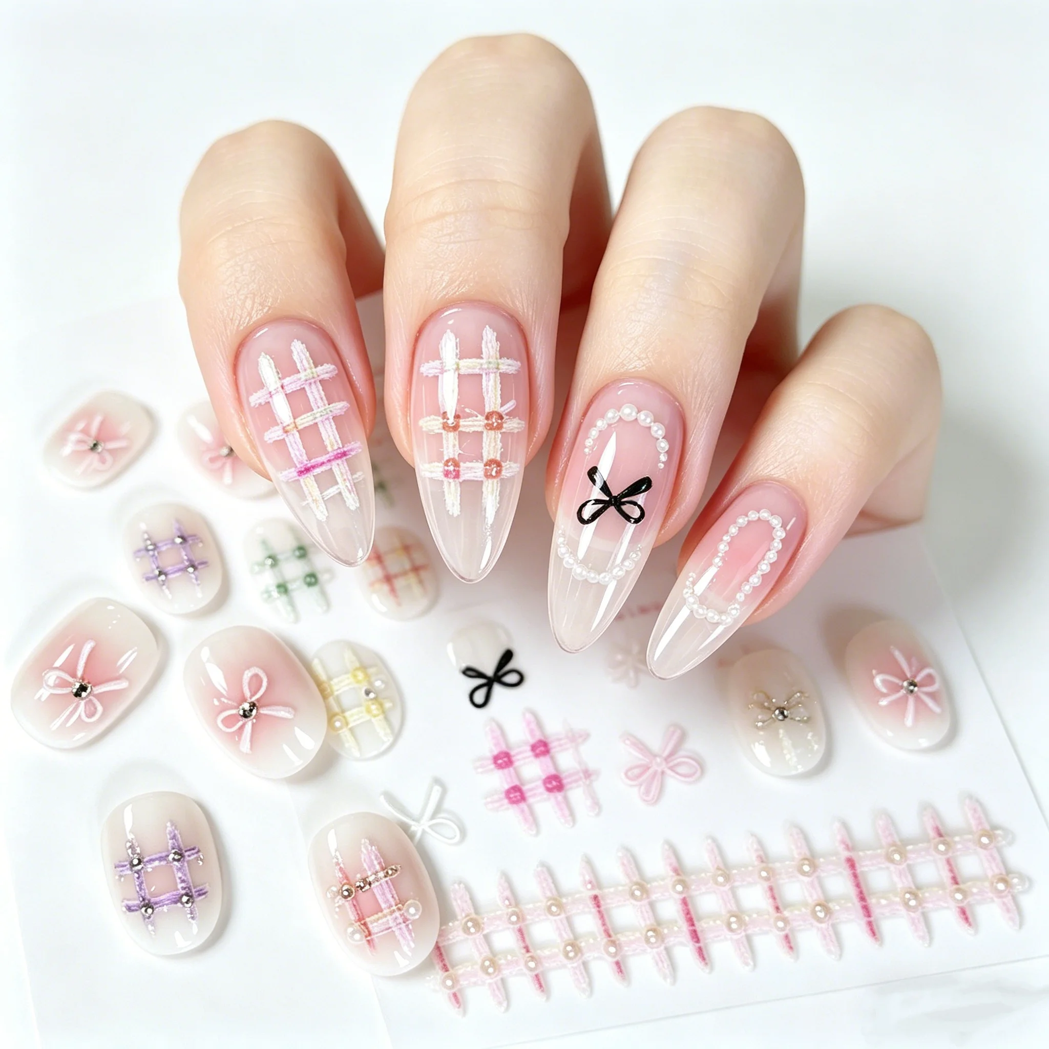 1pc 5D Macaron Color Plaid Bow Nail Stickers Cute Candy Color Checkered Nail Art Decals Ultra-Thin Summer Vacation DIY Manicure*
