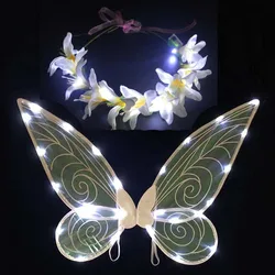 Children Girls Kids DIY Luminous Light Up Elf Wings Glow Party Supplies Flower Wreath Crown Props Birthday Gift Wedding Festival