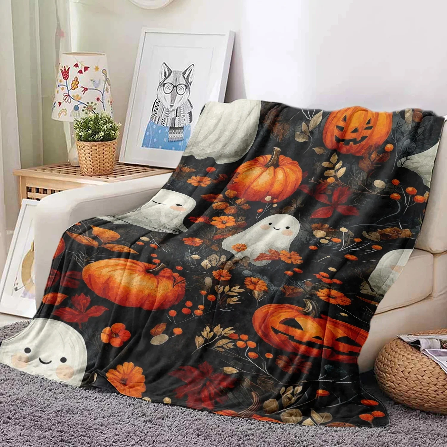 Halloween pumpkin black cat flannel blanket, soft and comfortable nap envelope small set blanket, multi-purpose blanket