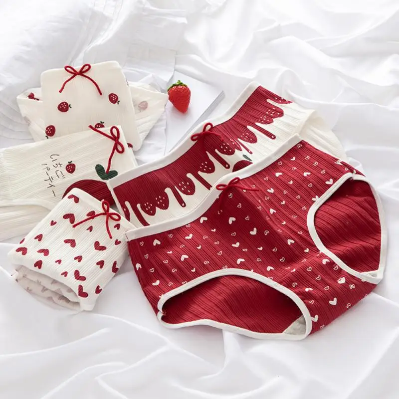 1PC Cotton Panties For Women Lovely Girl Comfort Briefs Strawberry Hearted Printed Underwear Panty Female Underpants Lingerie