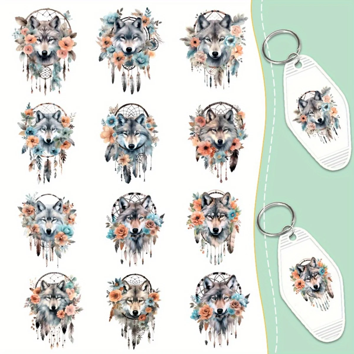 60 Stück Bohemian-Stil Traumfänger Aquarell-Wolf Transferfolie UV DTF Transfer Langlebig Hochviskos DIY Bastelbedarf Büro