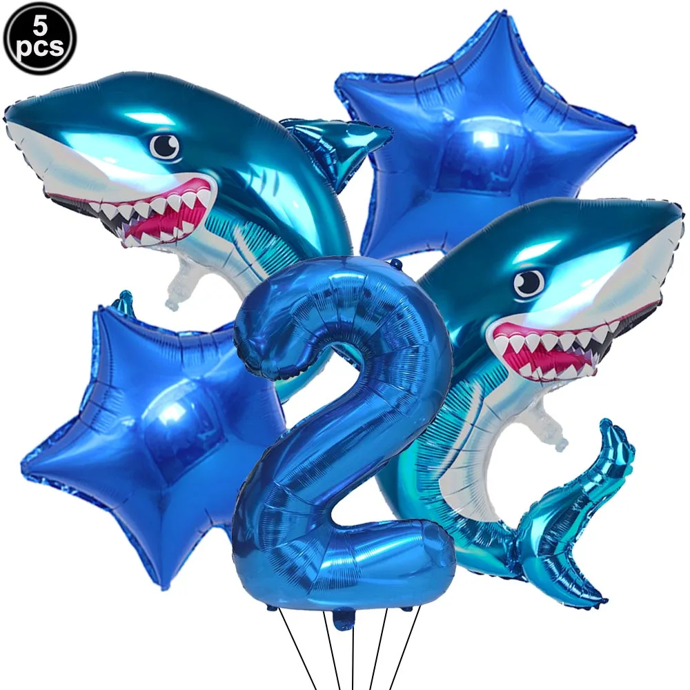 5pcs Cartoon Blue Shark Number Digital Balloons Set Boys Ocean Marine Animals Birthday Party Decor Supplies Kids Favor Gifts