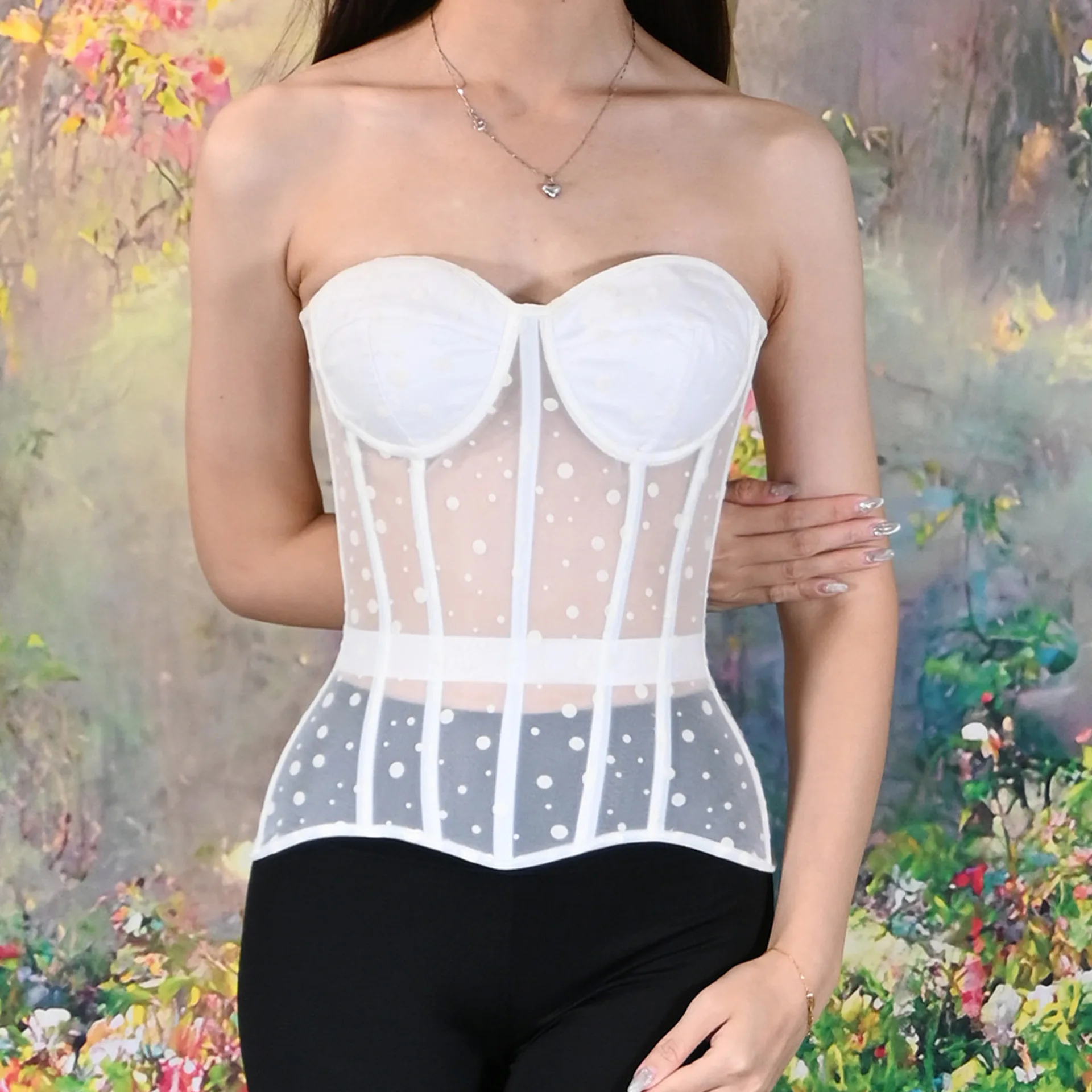 

Women White Corsets Sexy Mesh Tube Tops Summer Strapless Lace-up Bustiers Dot Print Pink Hot Lingerie Vintage Y2k Streetwear
