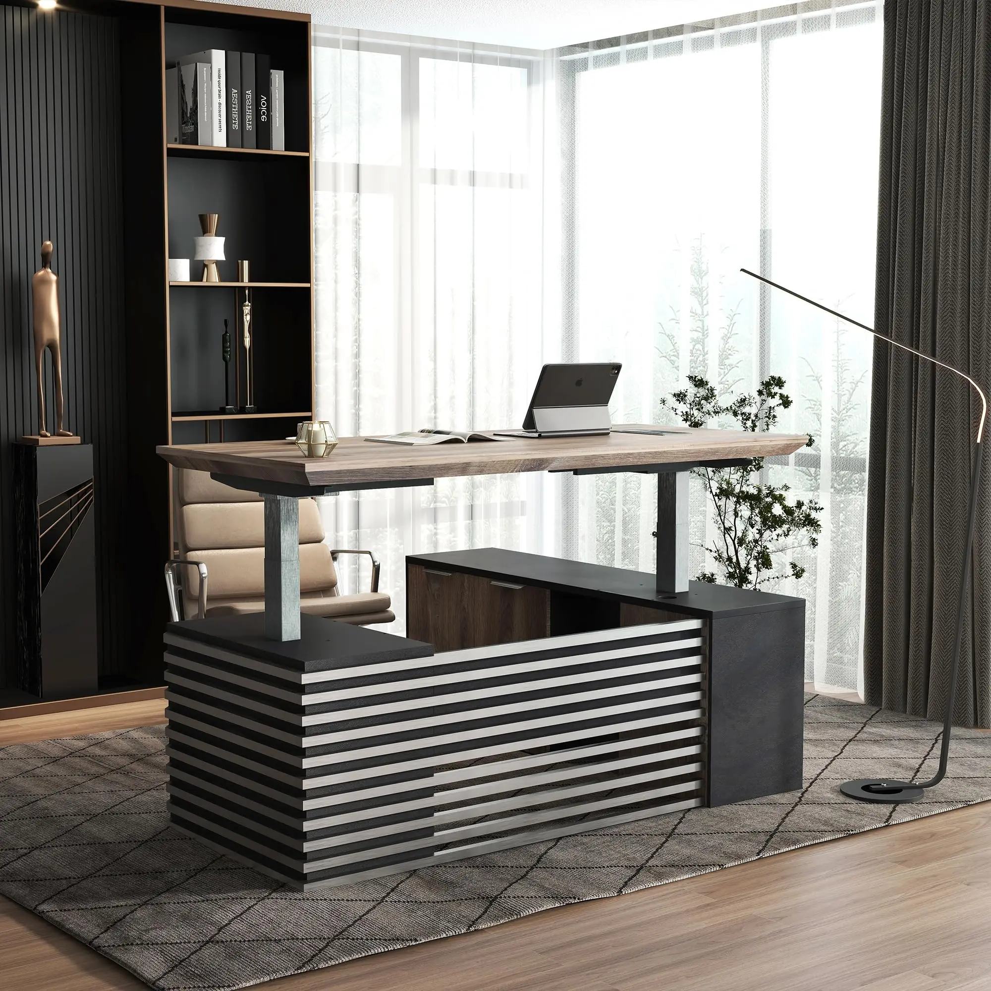 Warehouse in Stock Height Adjustable Executive Desk Sit Stand up Electric Lifting Office Computer Wood Table