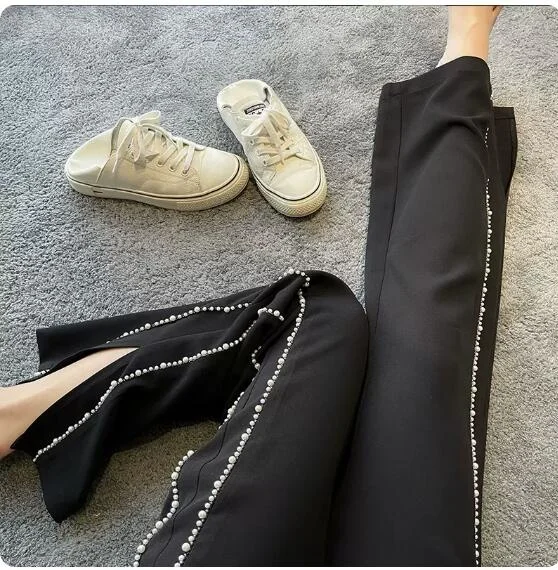 Industry Pearl Heavy Black Trousers for Women 2023 Spring and Summer New High Waist Straight Slimming Casual Baggy Pants