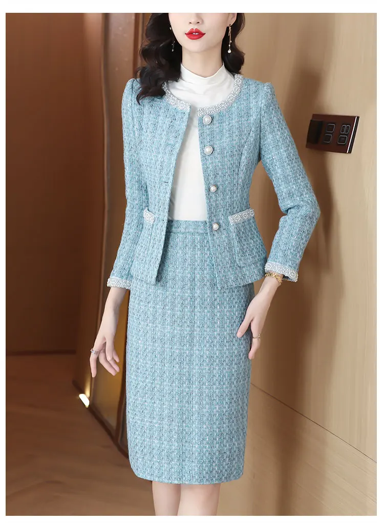 Women\'s Short Coarse Tweed Pearl Inlaid Blazer Half Skirt Set with Retro Round Neck Plaid Woolen Jacket Half Skirt Two-piece Set