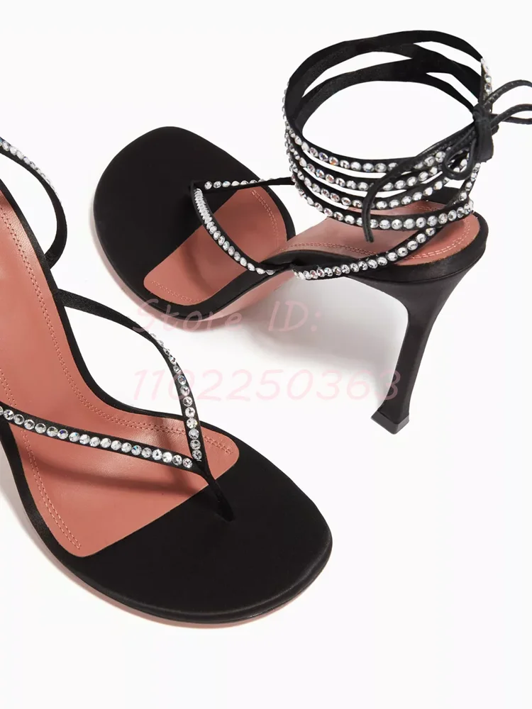 White Crystal Ankle Straps Thin Heeled Sandals Black Round Toe Flip-flop Bow Cross-tied Stiletto Women Elegant Dress Shoes 2024