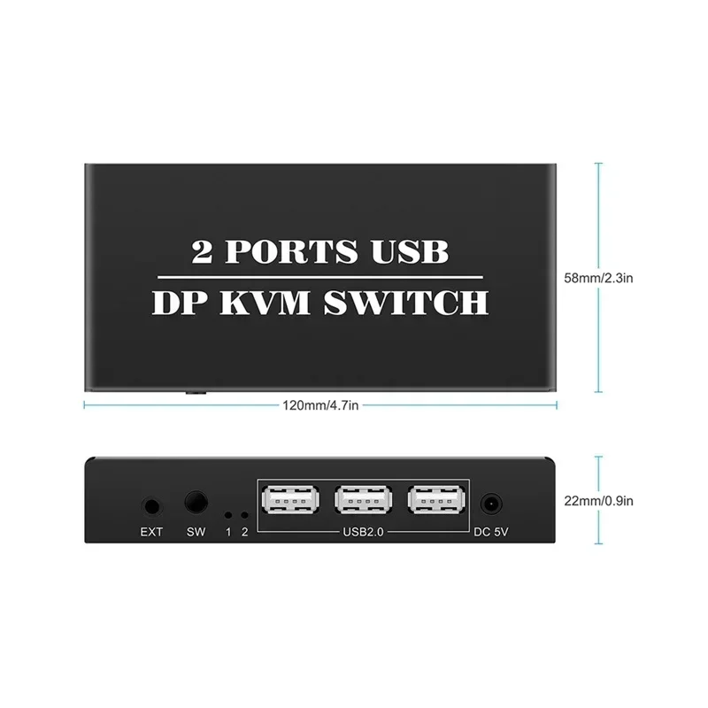 for DP KVM Switch 2 Port 8K@30Hz Displayport1.2 Switch 2 in 1 Out with 3 USB2.0 Port for 2 PC Laptop Share Keyboard Mouse