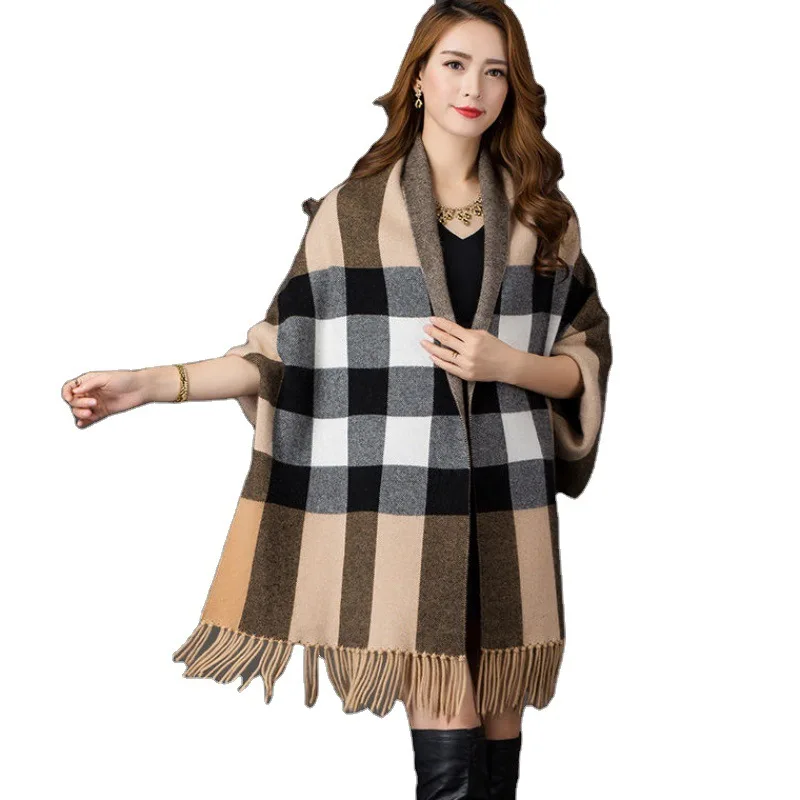 Women Autumn Striped Cloak Female Long Sleeves Cape Outside Street Wear Winter Knitted Plaid Cardigan Vintage Tassel Shawl Coat