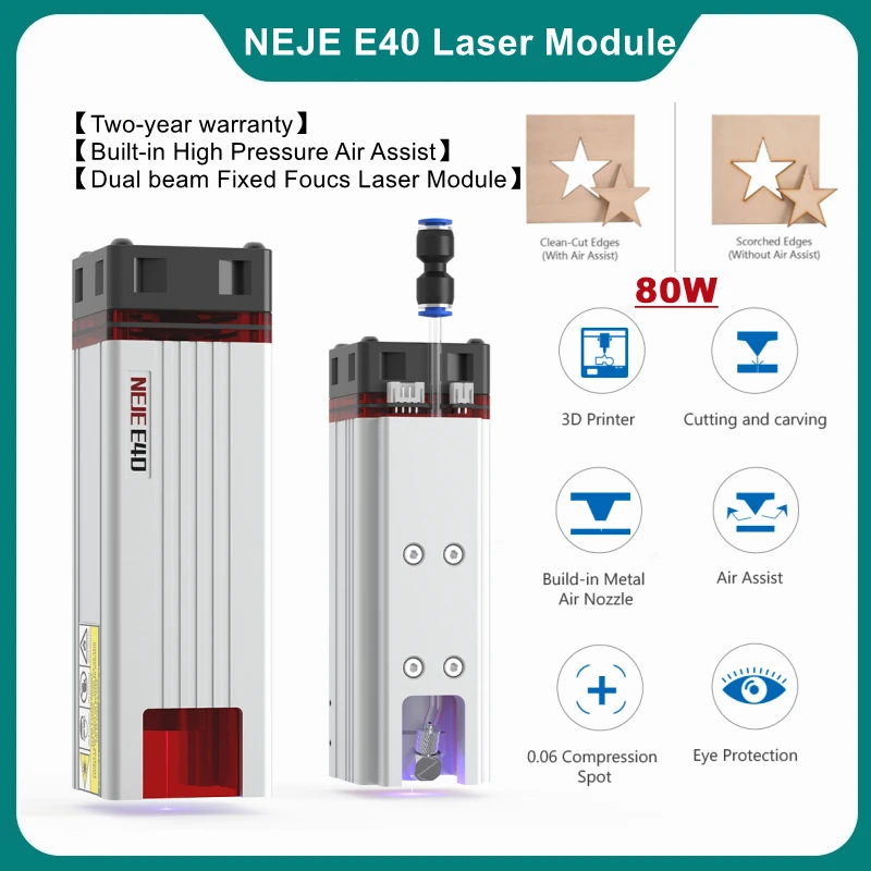 

NEJE E40 Fixed-Focus Laser Module 80W for Professional Wood Cutting and Metal Engraving Tool,Built-in High Pressure Air Assist