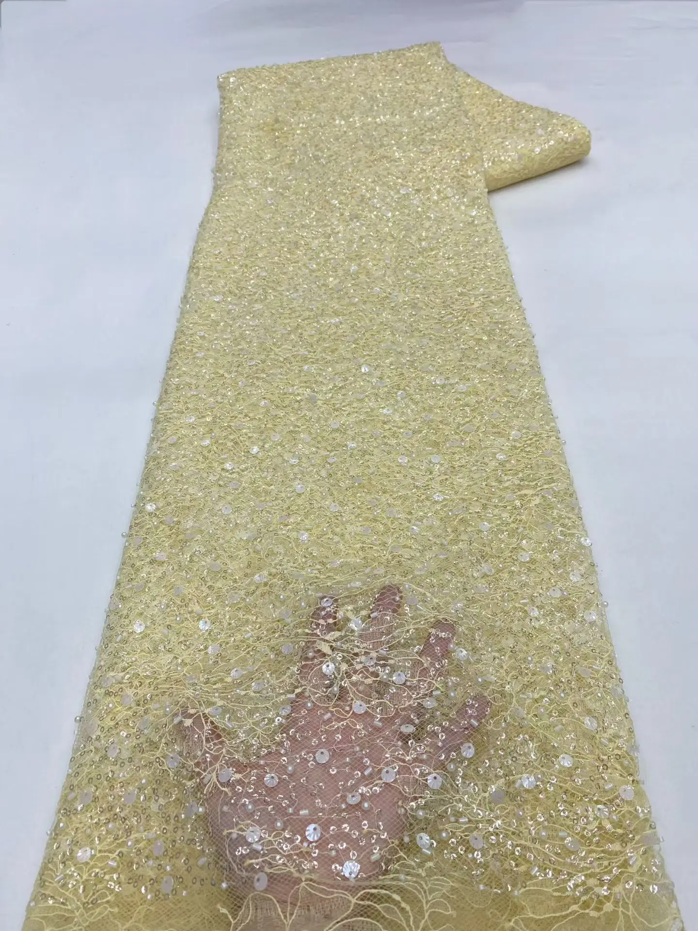 

New Style Yellow Sequins Beaded African Lace Fabric 2026 High Quality Handmade Beads French Lace Fabric For Party Dress KXX26153