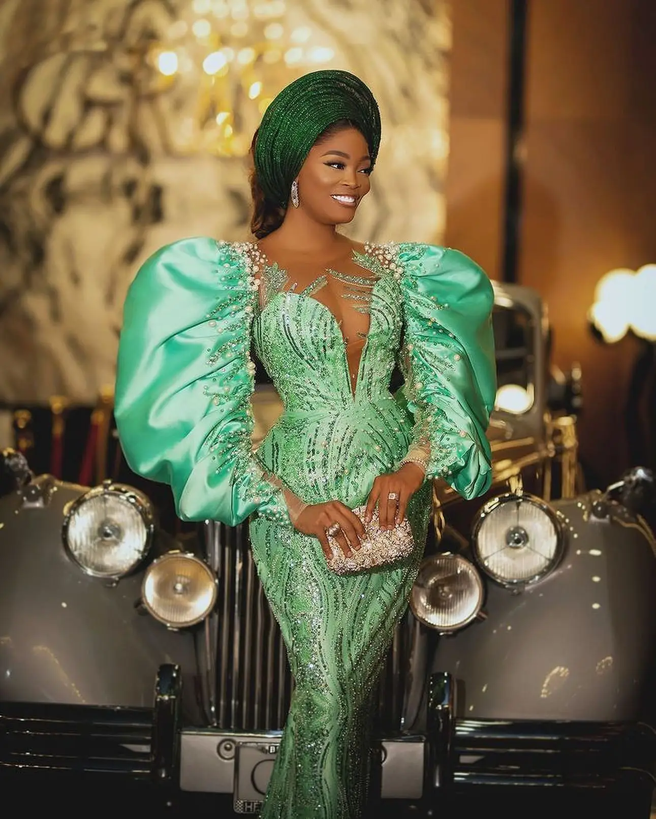 Luxury Beaded Lace Nigerian Bridal Dress Mint Green Handmade Pearls Puff Sleeves African Wedding Second Dress Asoebi Formal Gown