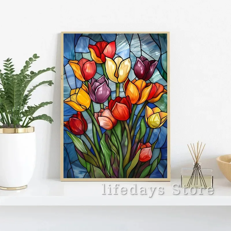 Floral Stained Glass Tulip Sakura Snowdrops Sunflower Rose Poster Canvas Printing Wall Art Picture for Living Room Home Decor