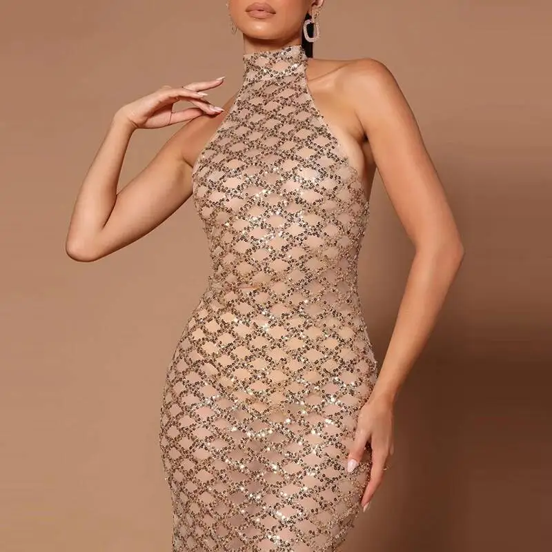 فستان نسائي نحيف هالتر مسائي مثير أنيق شبكي ترتر كامل الطول للحفلات أنيق بدون ظهر لامع
