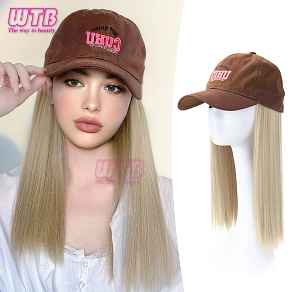 WTB Hat Wig Women's Long Hair Fashion Sweet Cool Long Straight Baseball Hat Natural Simulation Hair Full Head Cover