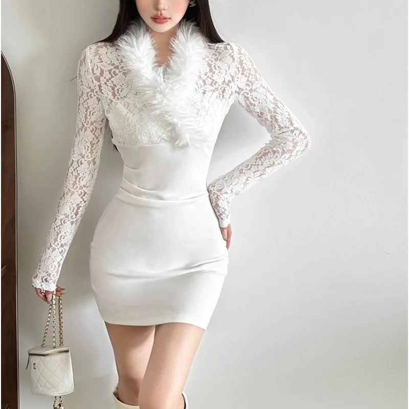 

Winter Soft Waxy Snow Pure Lace Splicing Fur Collar Slightly Transparent Long-sleeved Dress Women's Winter