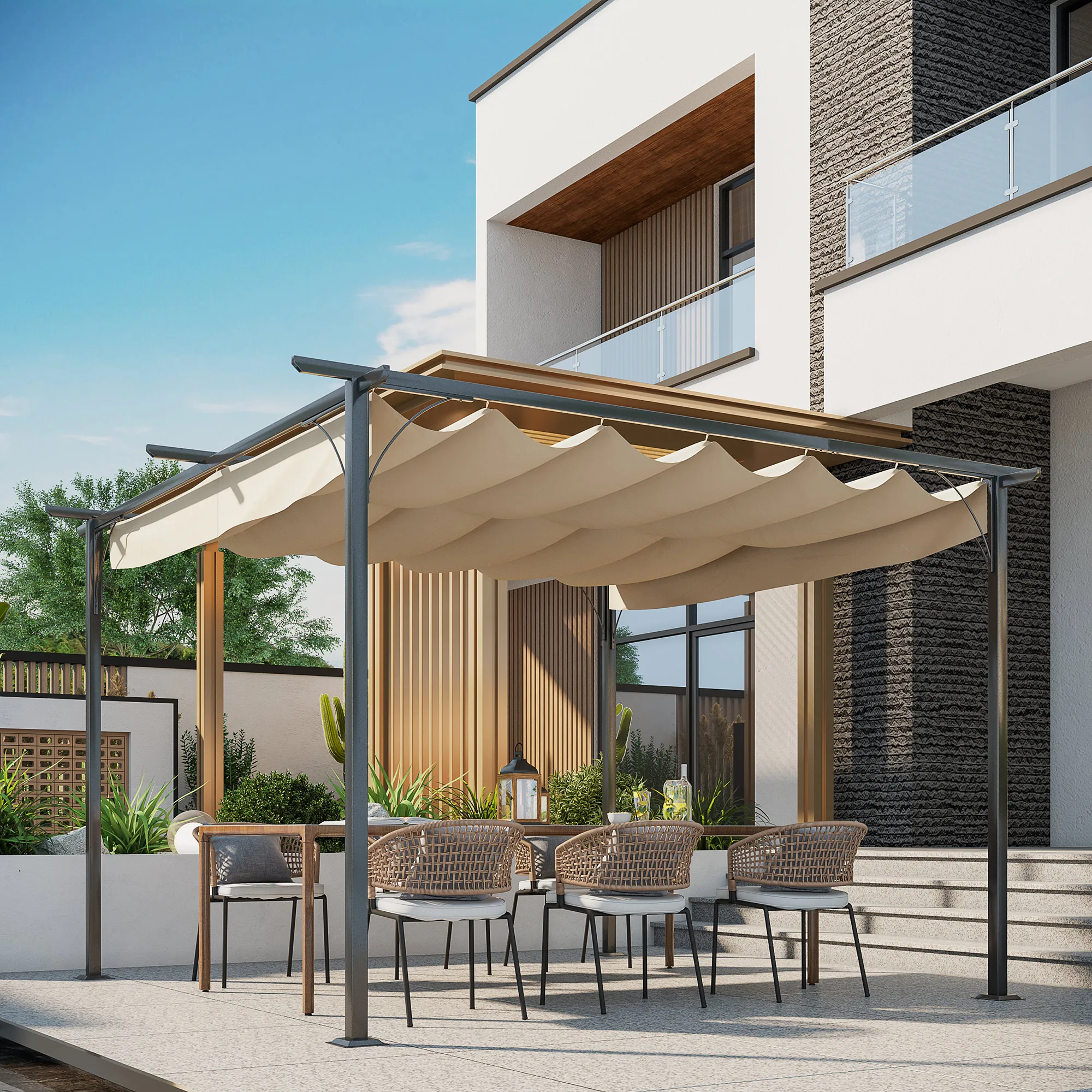 Outsunny Pérgola de Metal 3.5x3.5m Gazebo Cenador con Techo Retráctil